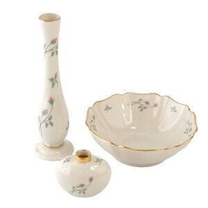 LENOX "ROSE MANOR" BUD VASE, PERFUME BOTTLE, BOWL 3 PIECES